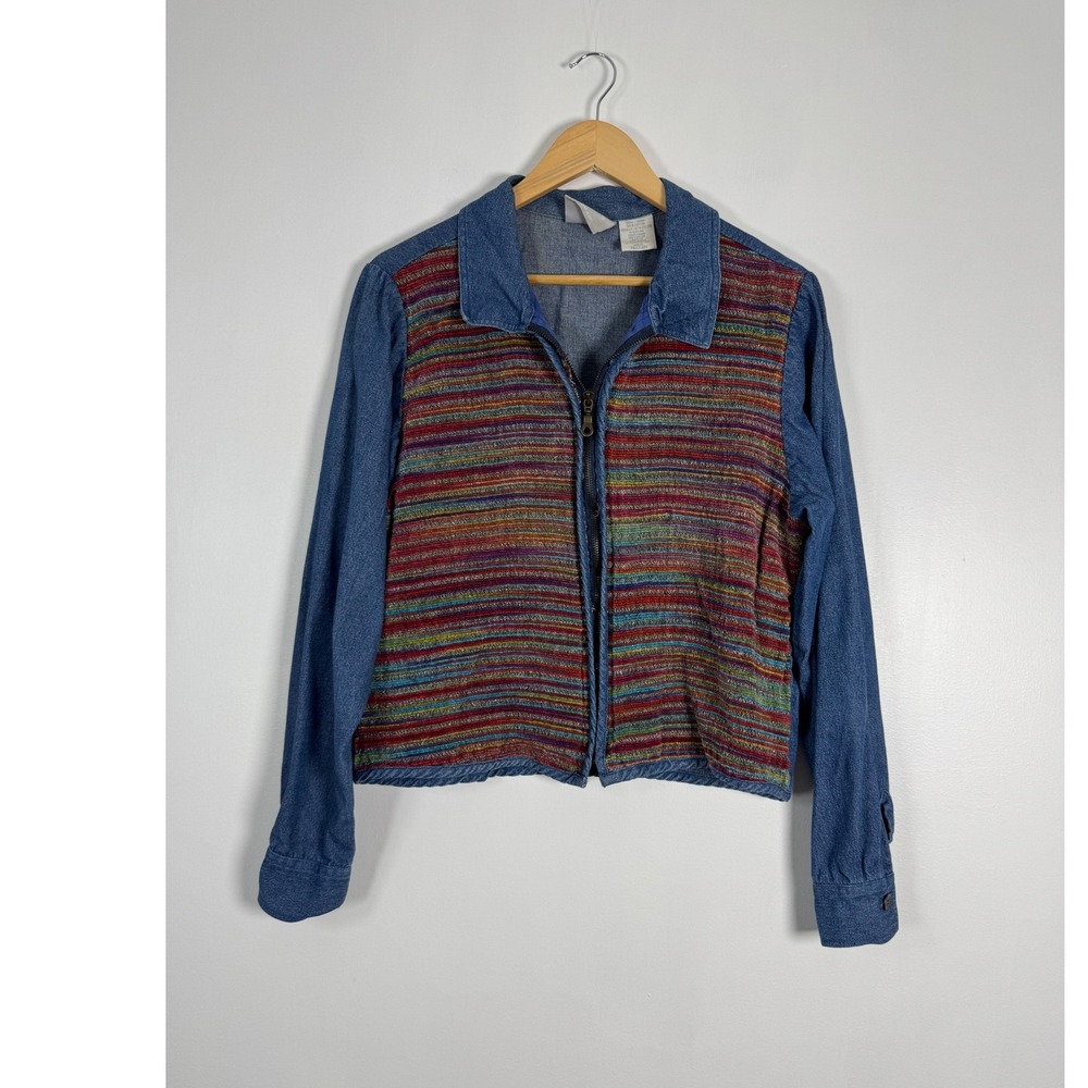 Boho Blair Womens Medium Zip Jacket Blue Denim Multi Color Chenille Striped